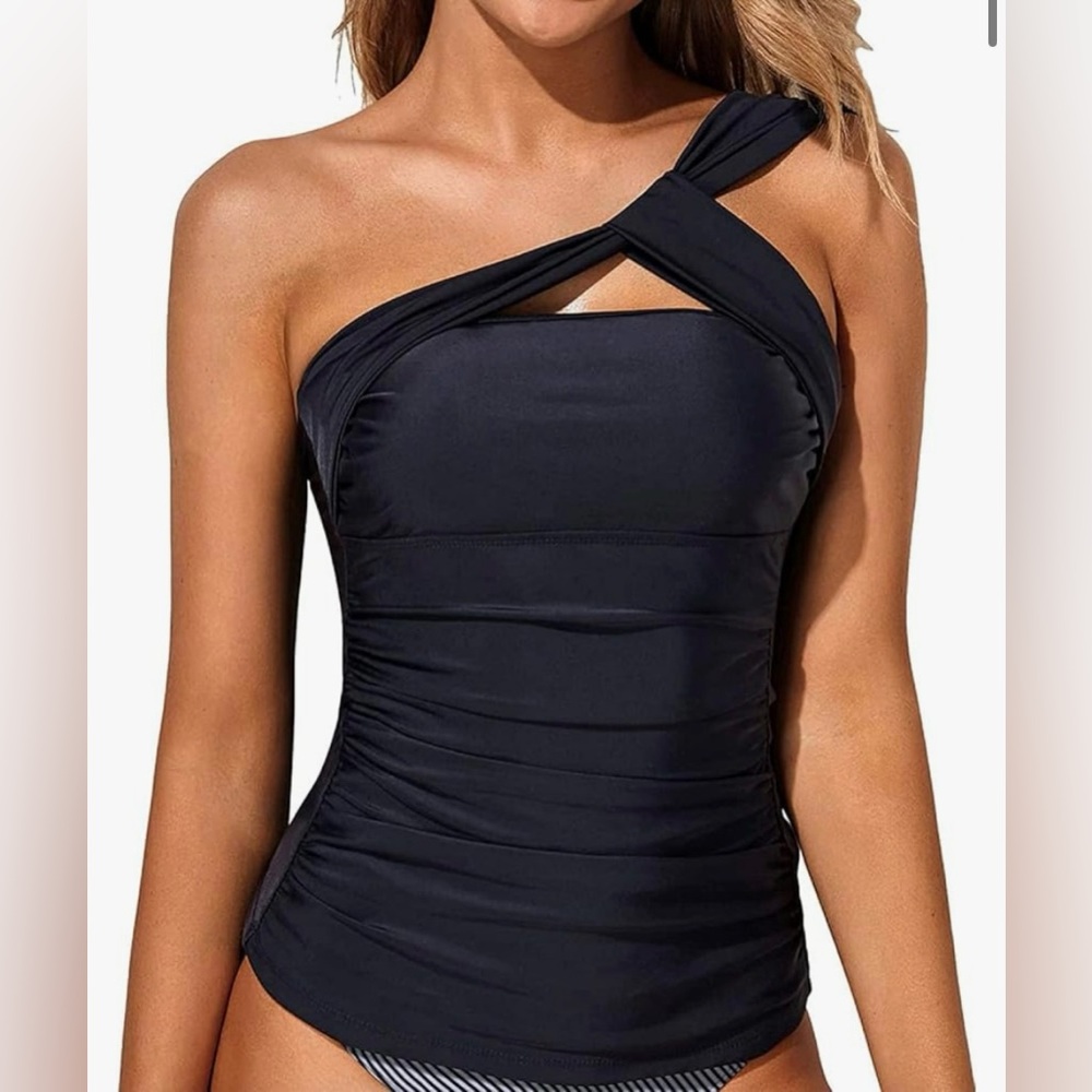 Women’s one shoulder tankini ruched top, gray L tub top bathing suit Tempt Me